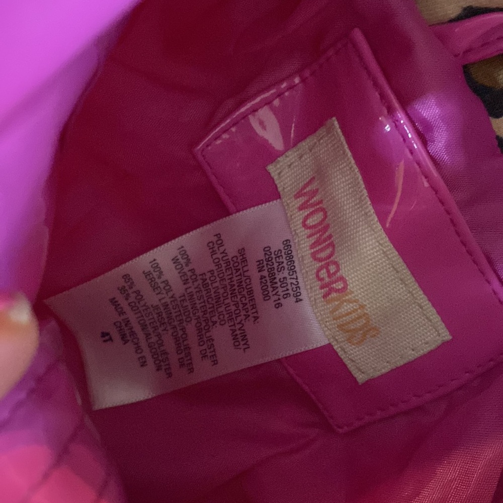 Hot pink raincoat with kitty ears on hood & kitty pockets & leopard - Picture 4 of 7